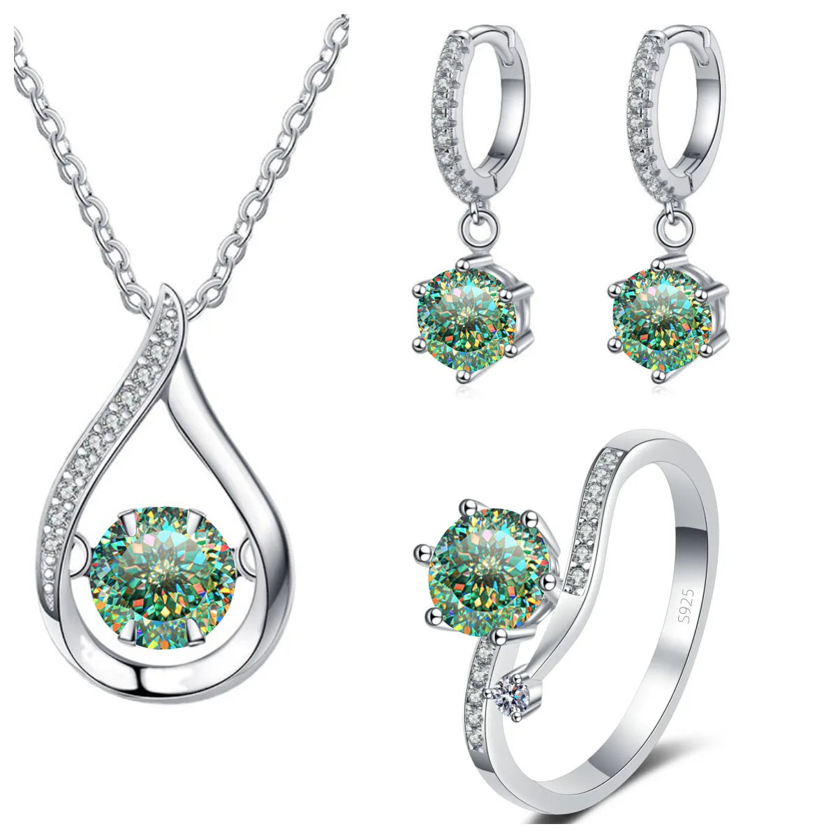 Moissanite Teardrop Necklace, Drop Earrings & Ring Set - Blue green Love Cut set