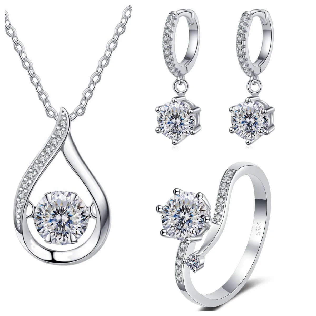 Moissanite Teardrop Necklace, Drop Earrings & Ring Set - White Love Cut set