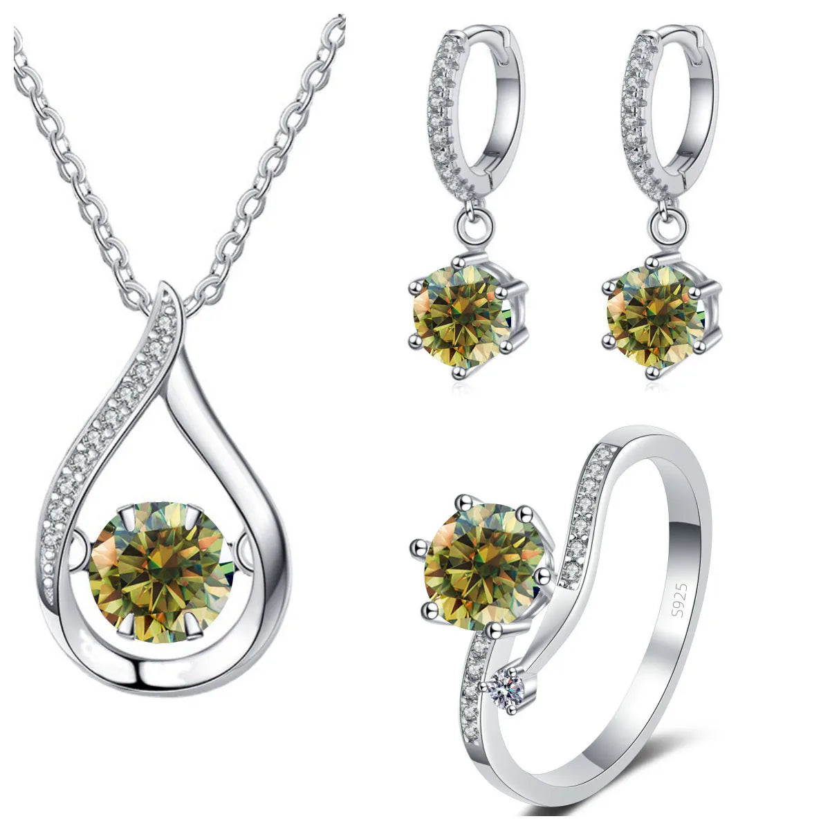 Moissanite Teardrop Necklace, Drop Earrings & Ring Set - Yellow green set
