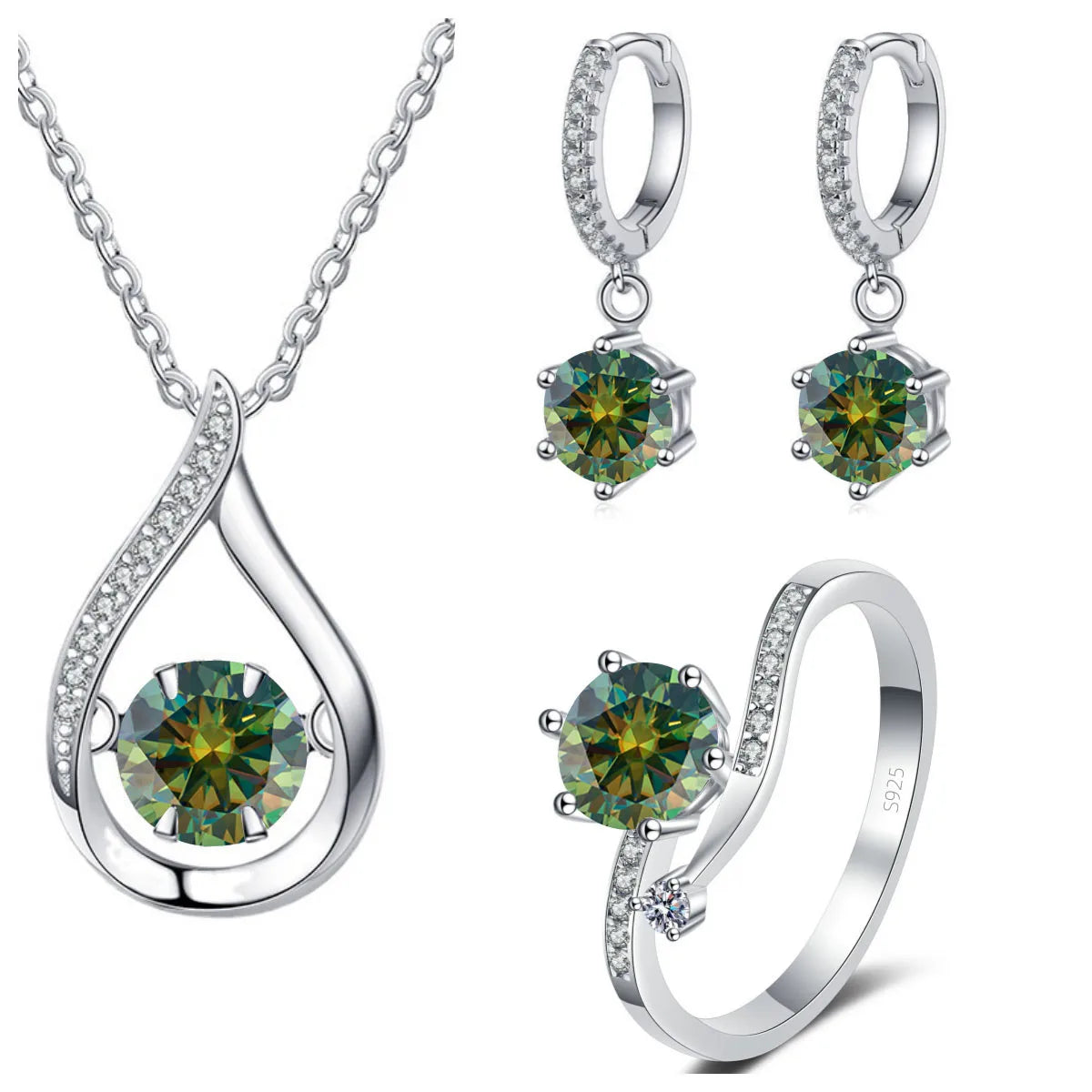 Moissanite Teardrop Necklace, Drop Earrings & Ring Set - Dark green set