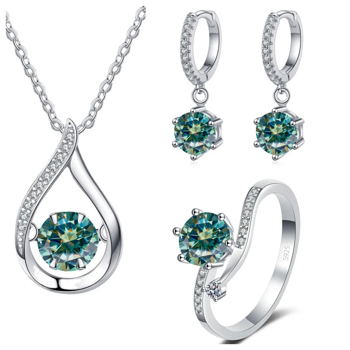 Moissanite Teardrop Necklace, Drop Earrings & Ring Set - Blue green set