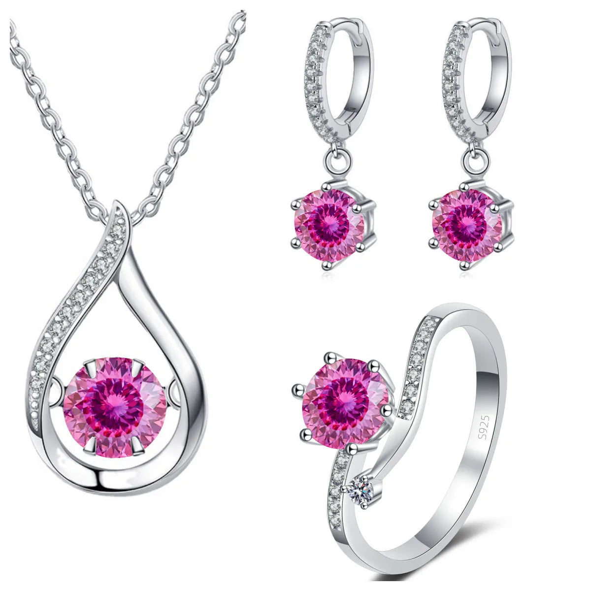 Moissanite Teardrop Necklace, Drop Earrings & Ring Set - Pink Love Cut set