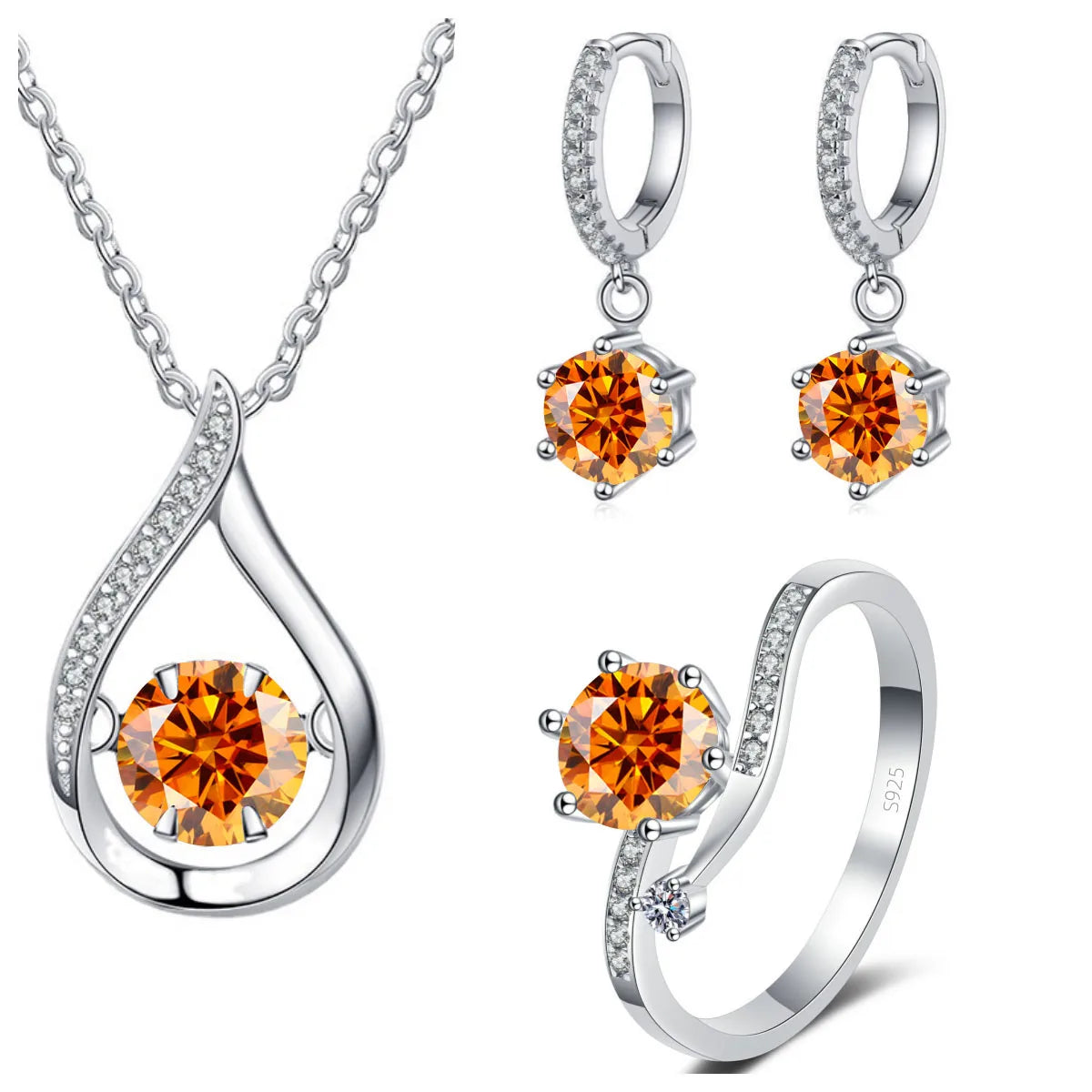 Moissanite Teardrop Necklace, Drop Earrings & Ring Set - Orange set