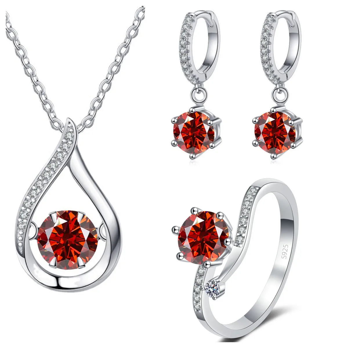 Moissanite Teardrop Necklace, Drop Earrings & Ring Set - Red set