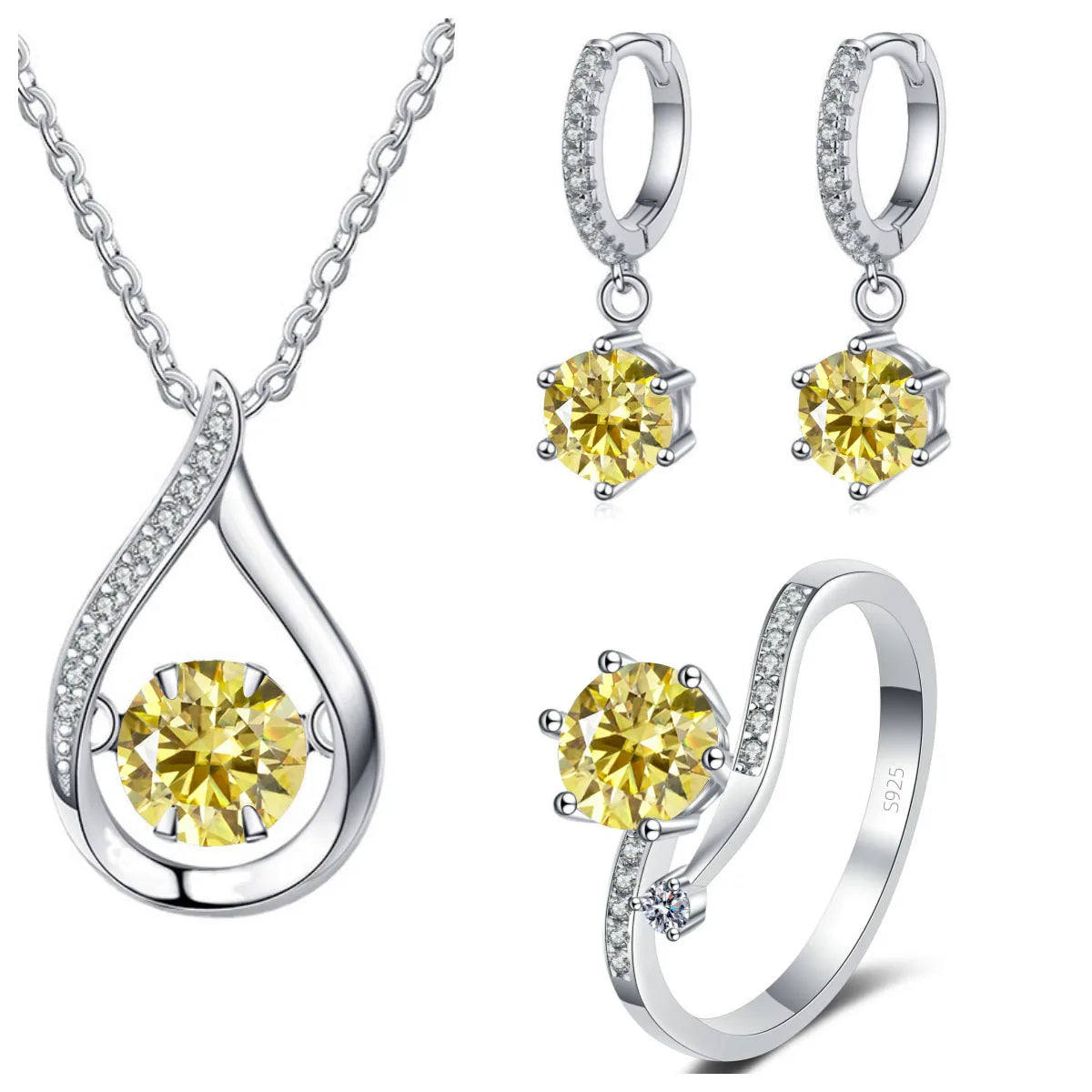 Moissanite Teardrop Necklace, Drop Earrings & Ring Set - Lemon yellow set