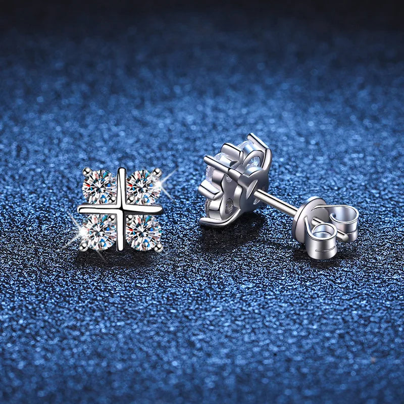 Four-Stone Cross Moissanite Stud Earrings in Silver — Front and side