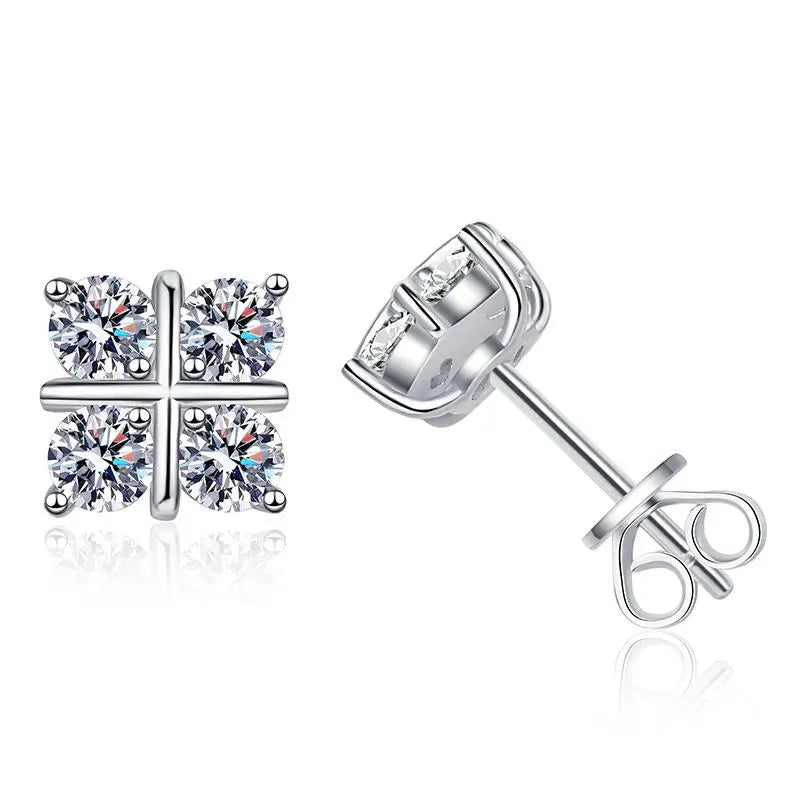 Four-Stone Cross Moissanite Stud Earrings in Silver — Posts and butterfly backs