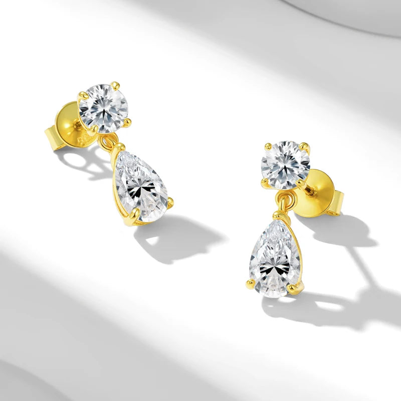 Round & Pear Moissanite Drop Earrings in Sterling Silver - Gold-tone pair