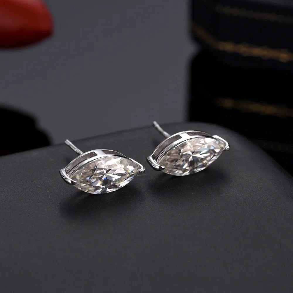 Marquise Moissanite Stud Earrings in 925 Sterling Silver — Angled pair