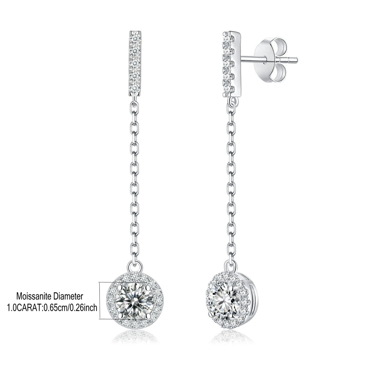 Moissanite Halo Chain Drop Earrings in Sterling Silver — Stone dimension diagram
