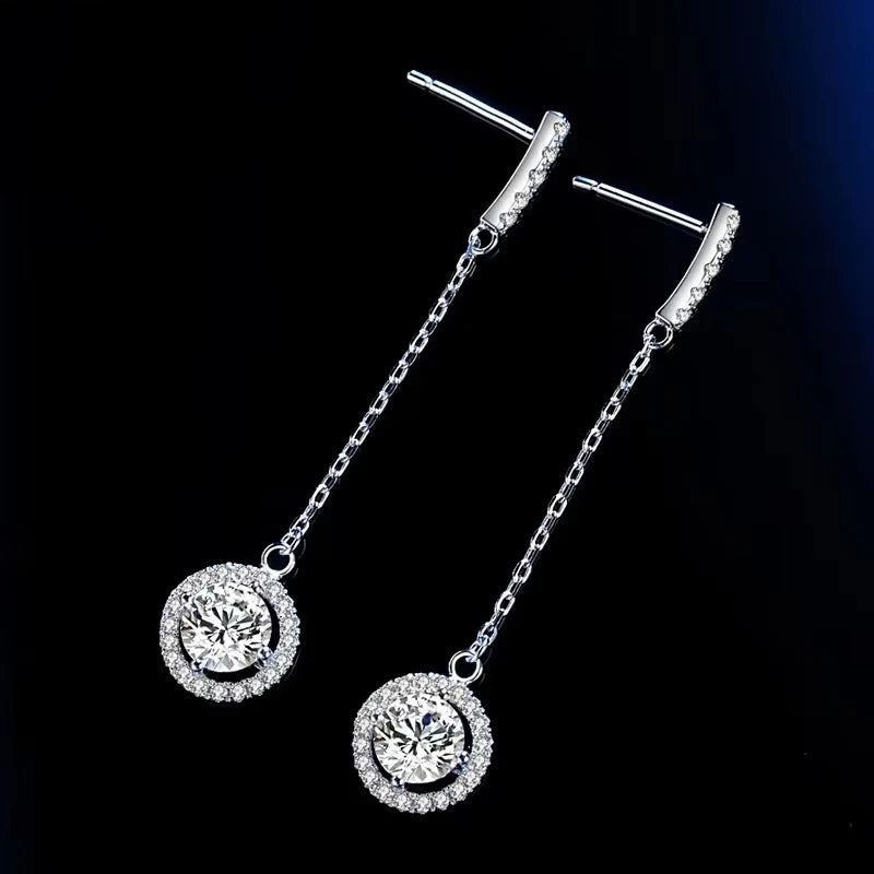 Moissanite Halo Chain Drop Earrings in Sterling Silver — Post fittings and fine chains