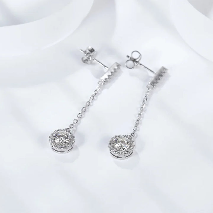 Moissanite Halo Chain Drop Earrings in Sterling Silver