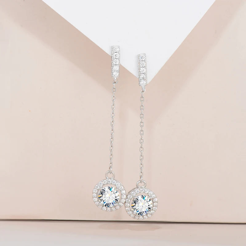 Moissanite Halo Chain Drop Earrings in Sterling Silver — Halo drops suspended from bar studs