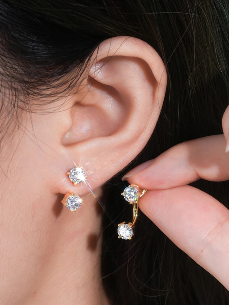 Two-Stone Moissanite Ear Jacket Stud Earrings in Silver - Ear jacket shown on model