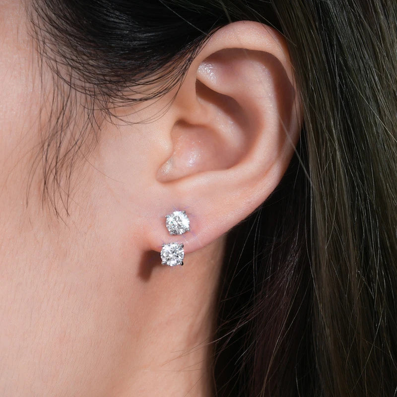 Two-Stone Moissanite Ear Jacket Stud Earrings in Silver - Two-stone styling on ear