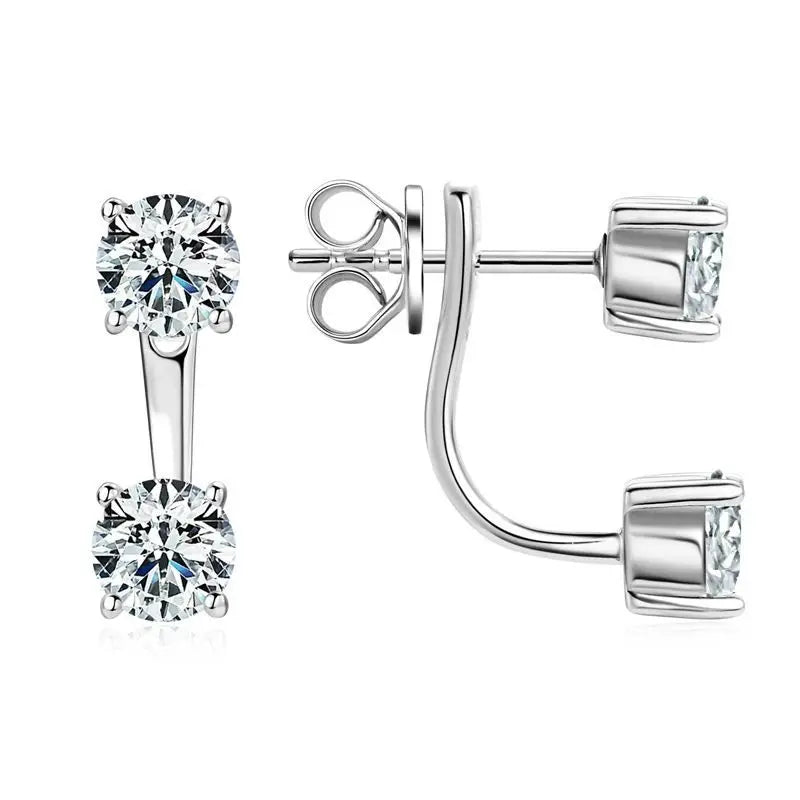 Two-Stone Moissanite Ear Jacket Stud Earrings in Silver - Silver two-stone jacket front and side