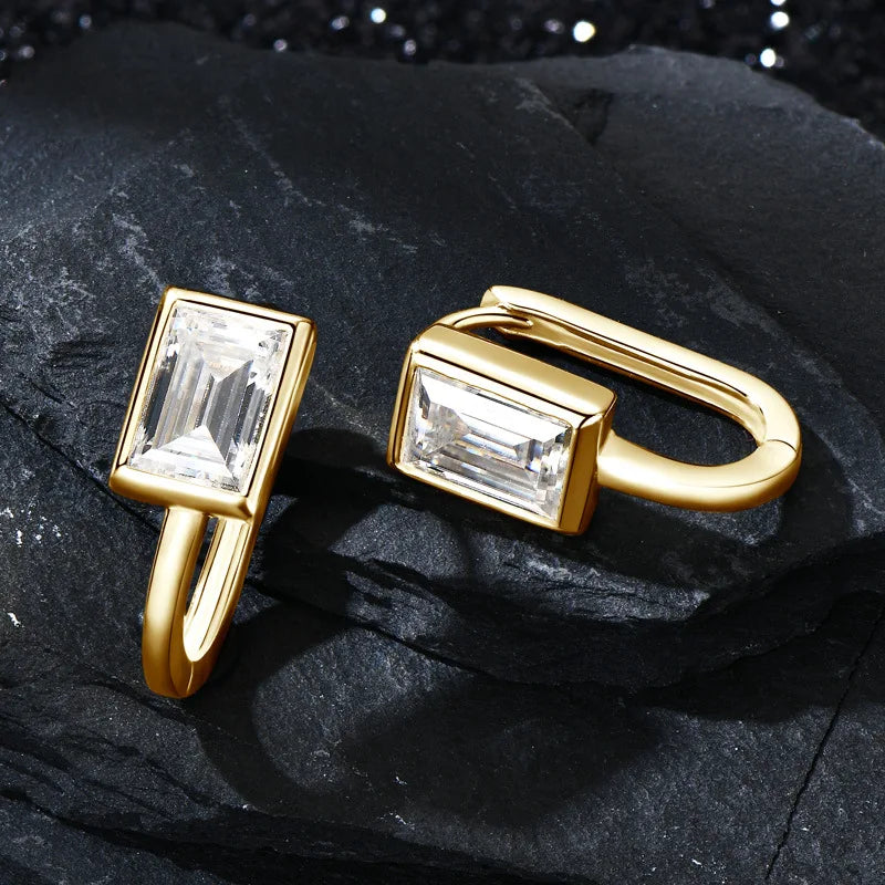 Emerald-Cut Moissanite Hoop Earrings in Sterling Silver — Gold-Tone elongated hoops