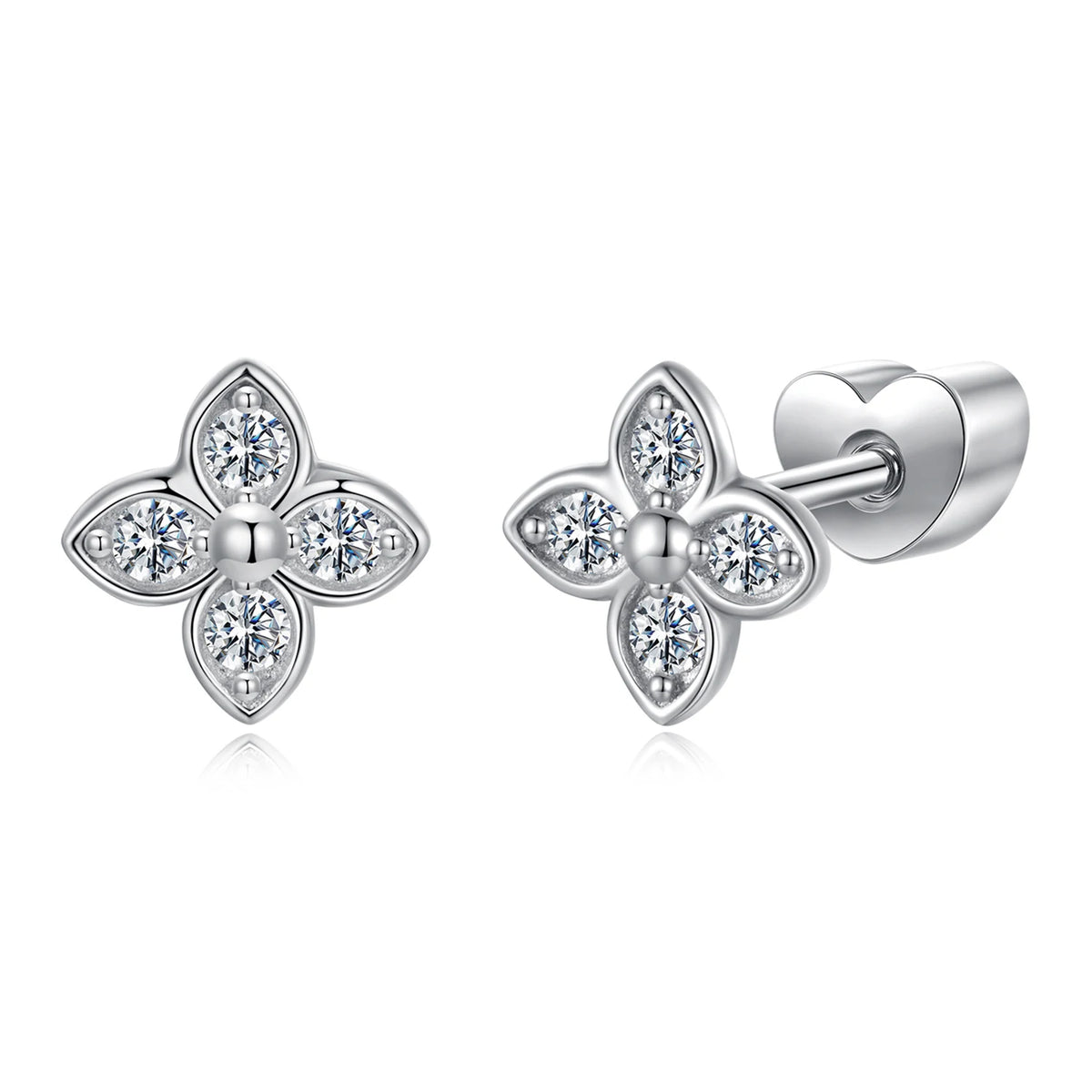 Four-Leaf Clover Moissanite Stud Earrings in Silver — Clover front and side