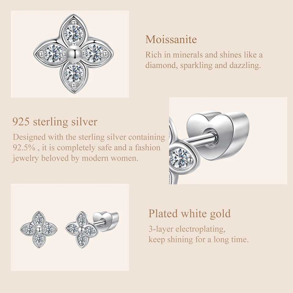 Four-Leaf Clover Moissanite Stud Earrings in Silver — Setting material information
