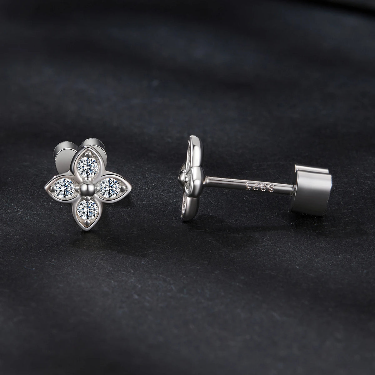 Four-Leaf Clover Moissanite Stud Earrings in Silver — Straight posts and backs