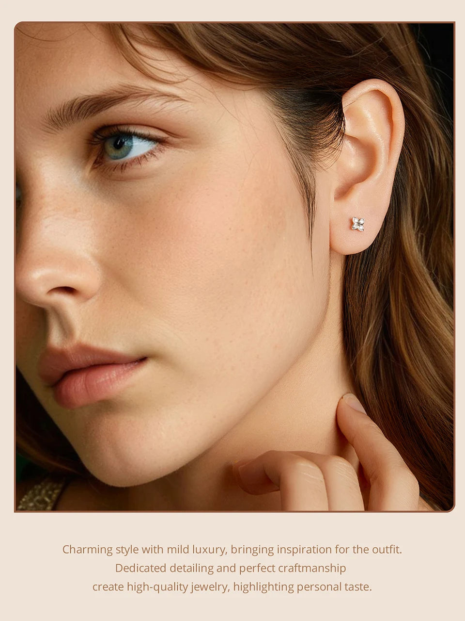 Four-Leaf Clover Moissanite Stud Earrings in Silver — Worn on ear