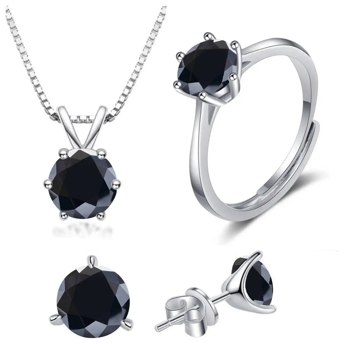 Colored Moissanite Necklace, Stud Earrings & Ring Set — Black set