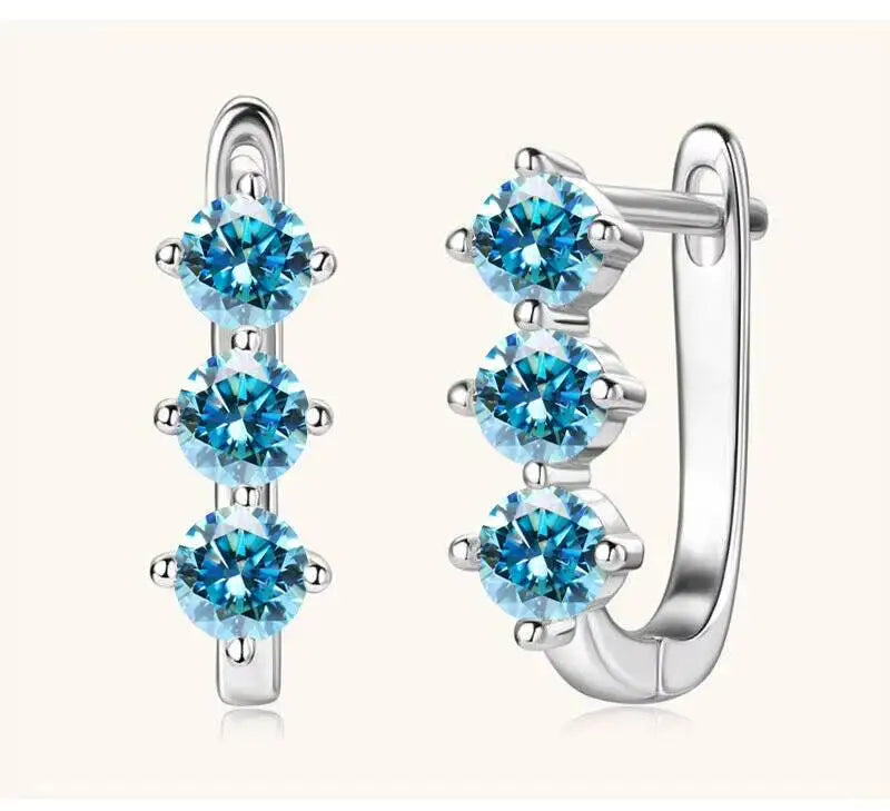 Colored Three-Stone Moissanite Hoop Earrings in Silver — Sea blue silver pair