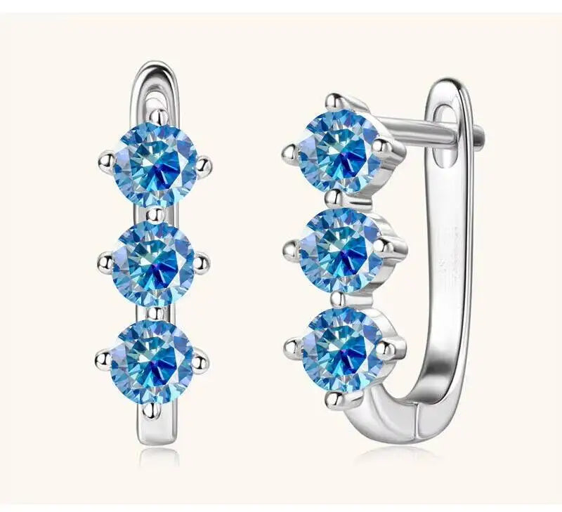 Colored Three-Stone Moissanite Hoop Earrings in Silver — Royal blue silver pair