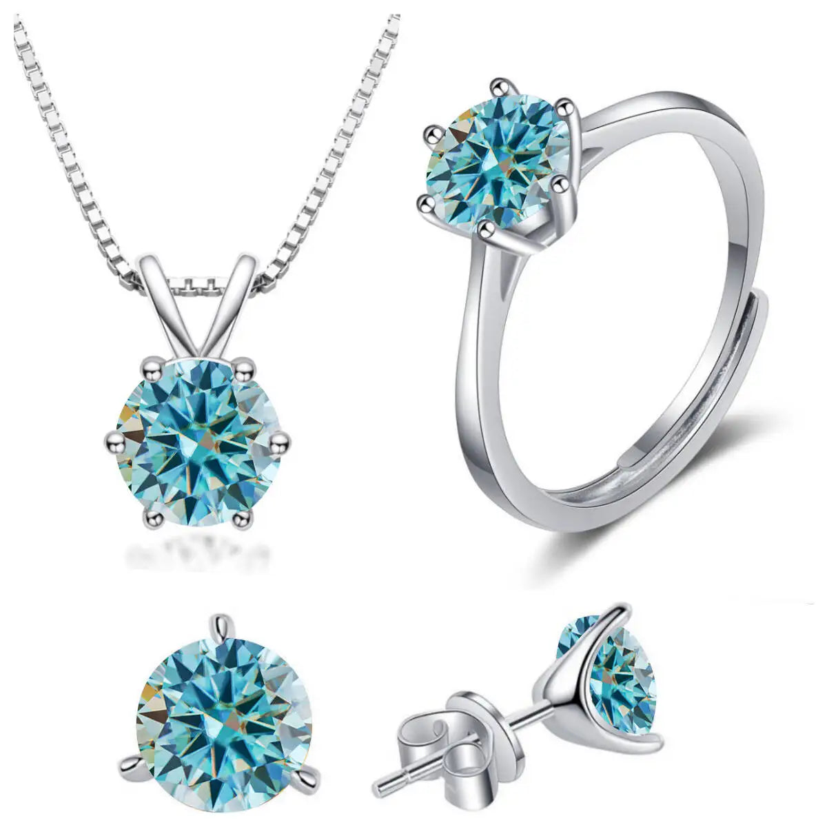 Colored Moissanite Necklace, Stud Earrings & Ring Set — Blue set