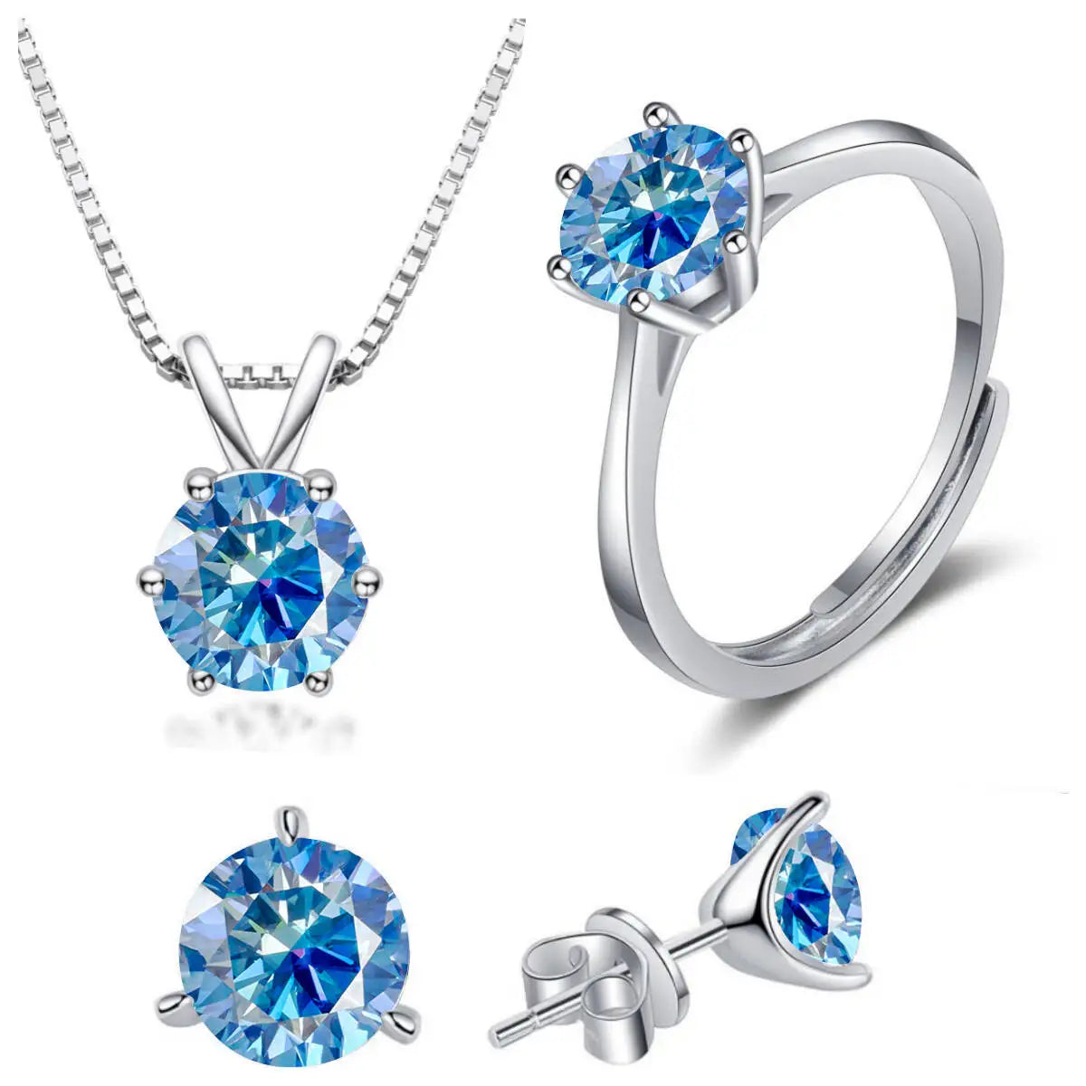Colored Moissanite Necklace, Stud Earrings & Ring Set — Royal blue set