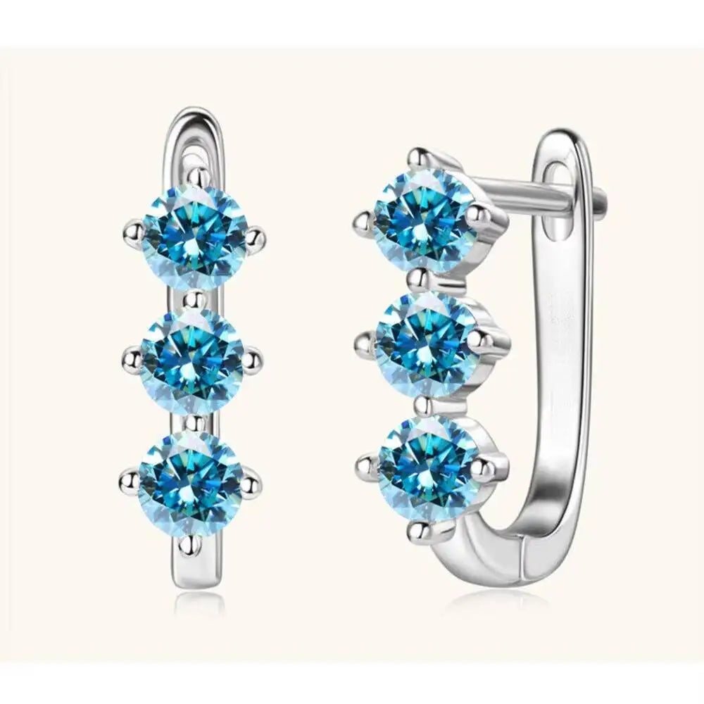 Colored Three-Stone Moissanite Hoop Earrings in Silver — Blue stones in silver hoops
