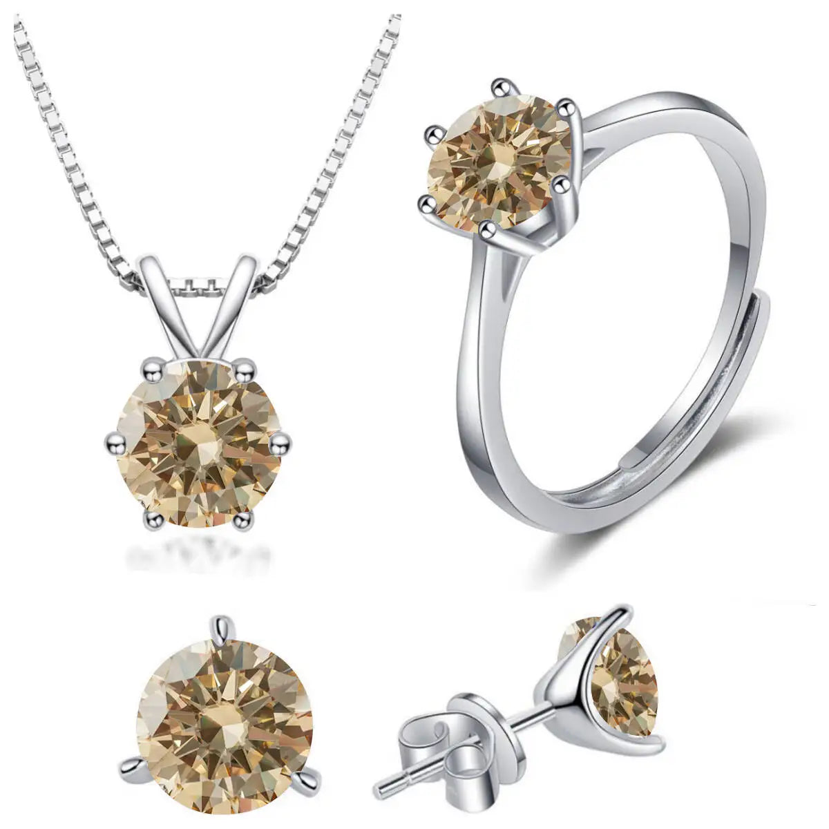 Colored Moissanite Necklace, Stud Earrings & Ring Set — Champagne set