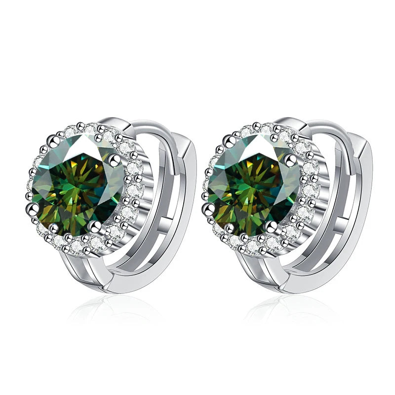 Colored Round Halo Moissanite Hoop Earrings in Silver - Dark green centers