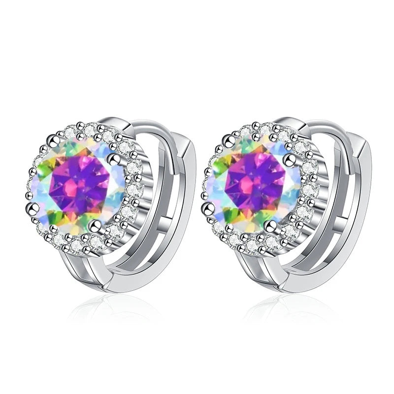 Colored Round Halo Moissanite Hoop Earrings in Silver - Multicolor centers