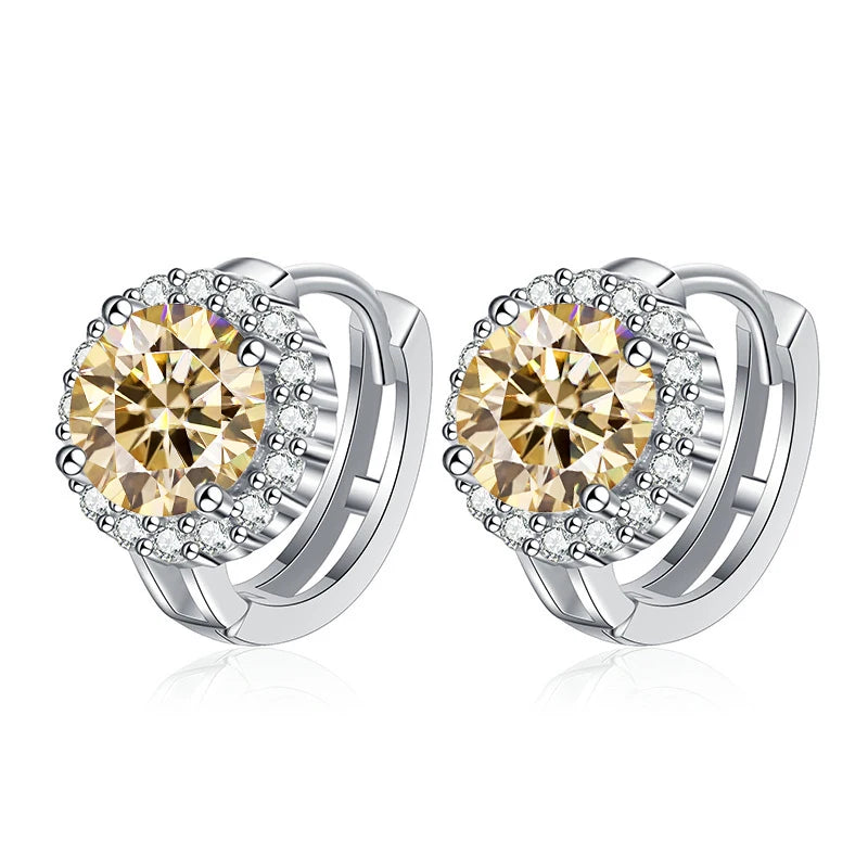 Colored Round Halo Moissanite Hoop Earrings in Silver - Golden yellow centers