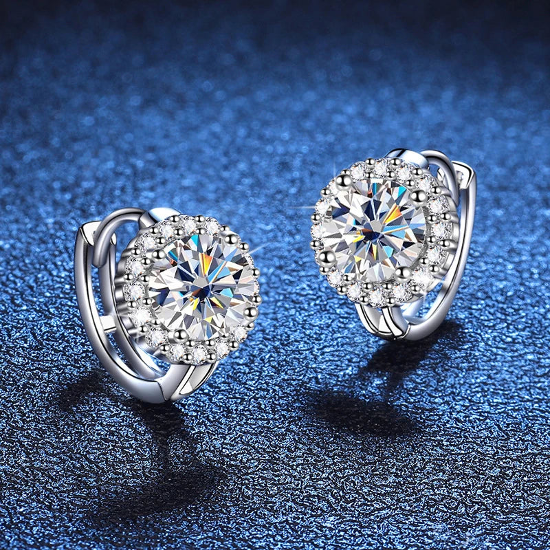 Colored Round Halo Moissanite Hoop Earrings in Silver - White halos angled view
