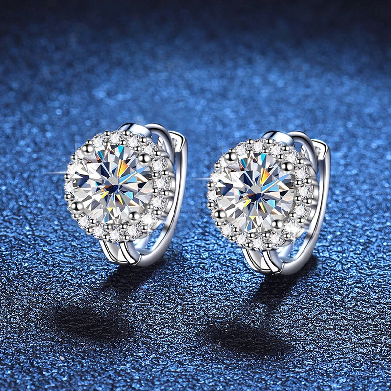 Colored Round Halo Moissanite Hoop Earrings in Silver - White halo hoop pair