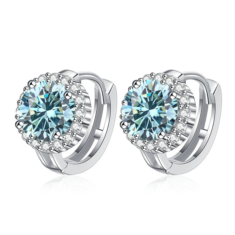 Colored Round Halo Moissanite Hoop Earrings in Silver - Blue centers