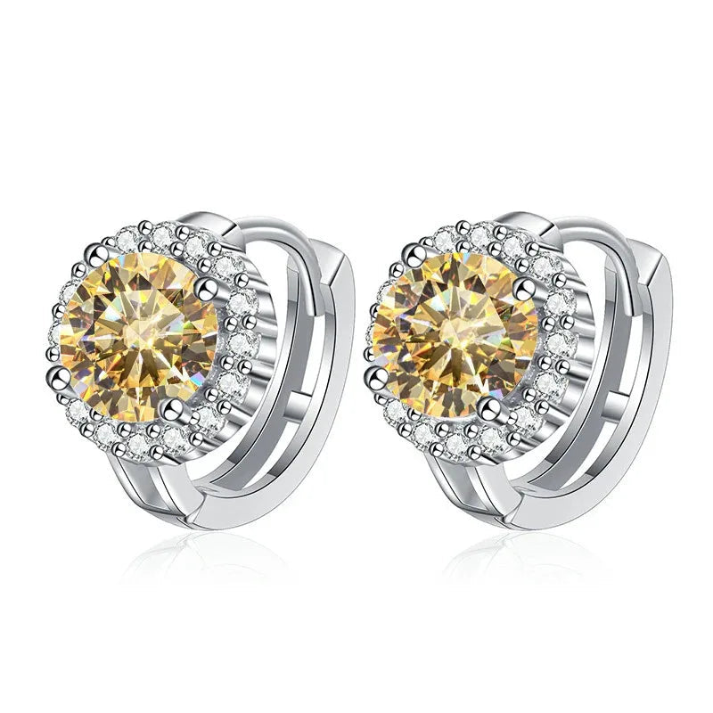 Colored Round Halo Moissanite Hoop Earrings in Silver - Golden yellow halo hoops