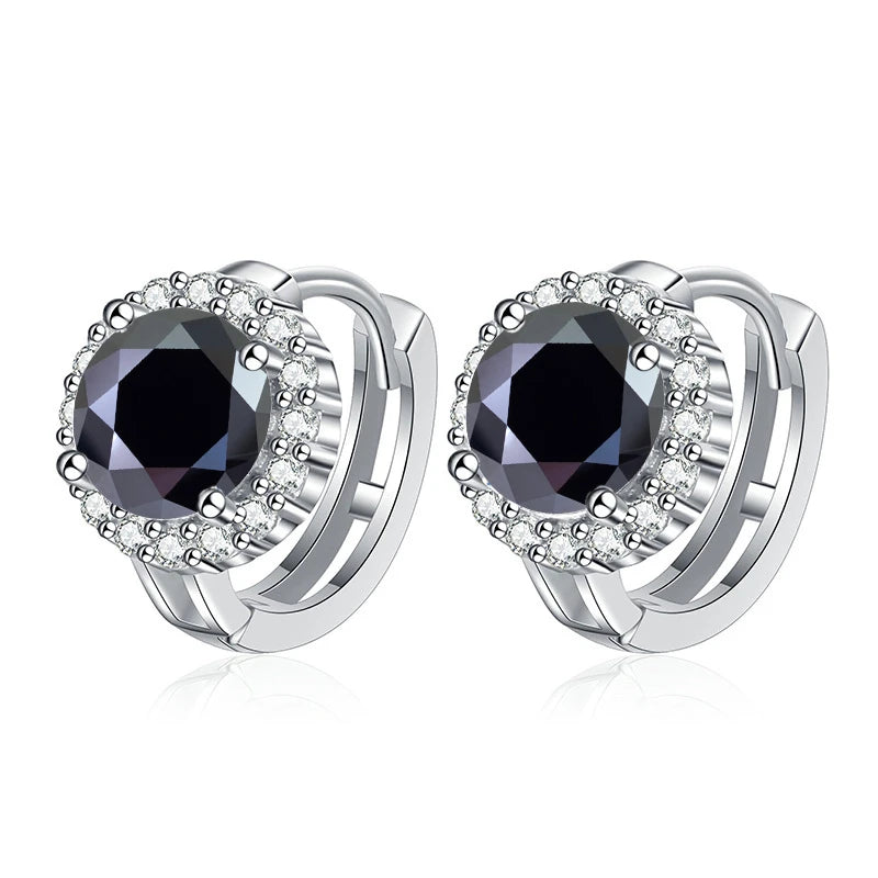 Colored Round Halo Moissanite Hoop Earrings in Silver - Black centers