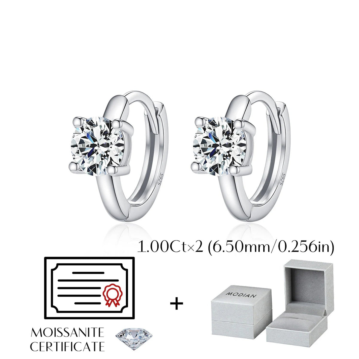 Round Solitaire Moissanite Hoop Earrings in Sterling Silver - Medium design stone dimensions