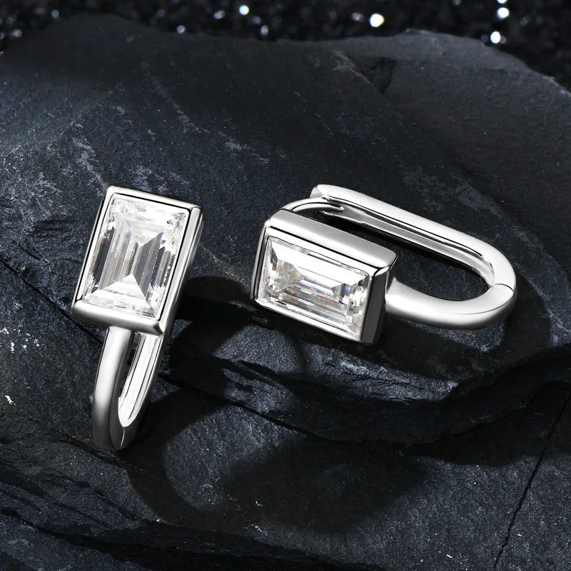 Emerald-Cut Moissanite Hoop Earrings in Sterling Silver — Silver elongated hoops