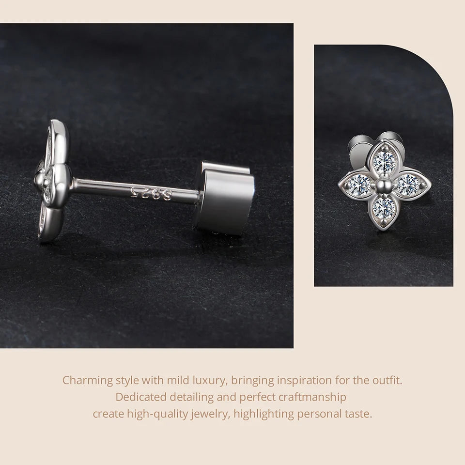 Four-Leaf Clover Moissanite Stud Earrings in Silver — Post and push-back detail