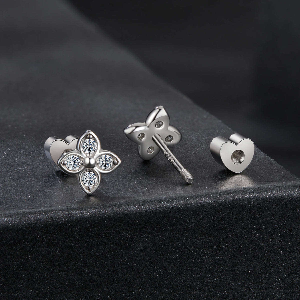 Four-Leaf Clover Moissanite Stud Earrings in Silver — Front and rear views