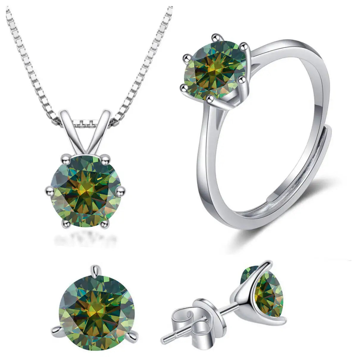 Colored Moissanite Necklace, Stud Earrings & Ring Set — Dark green set
