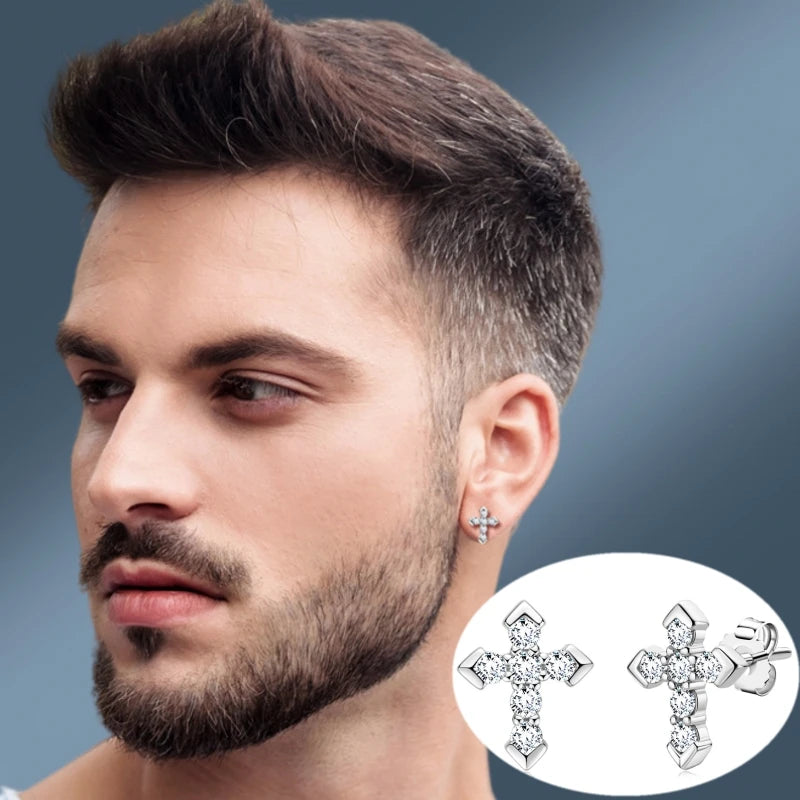 Moissanite Arrow Cross Stud Earrings in Sterling Silver — Cross studs styled on man — BandsCo Straps