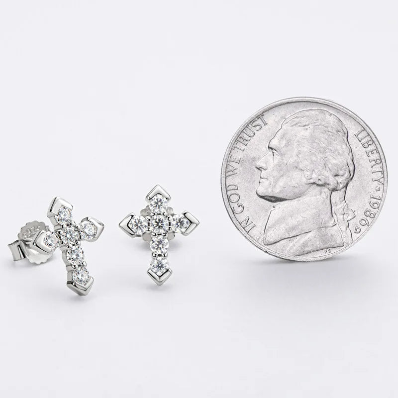 Moissanite Arrow Cross Stud Earrings in Sterling Silver — Cross stud scale comparison — BandsCo Straps