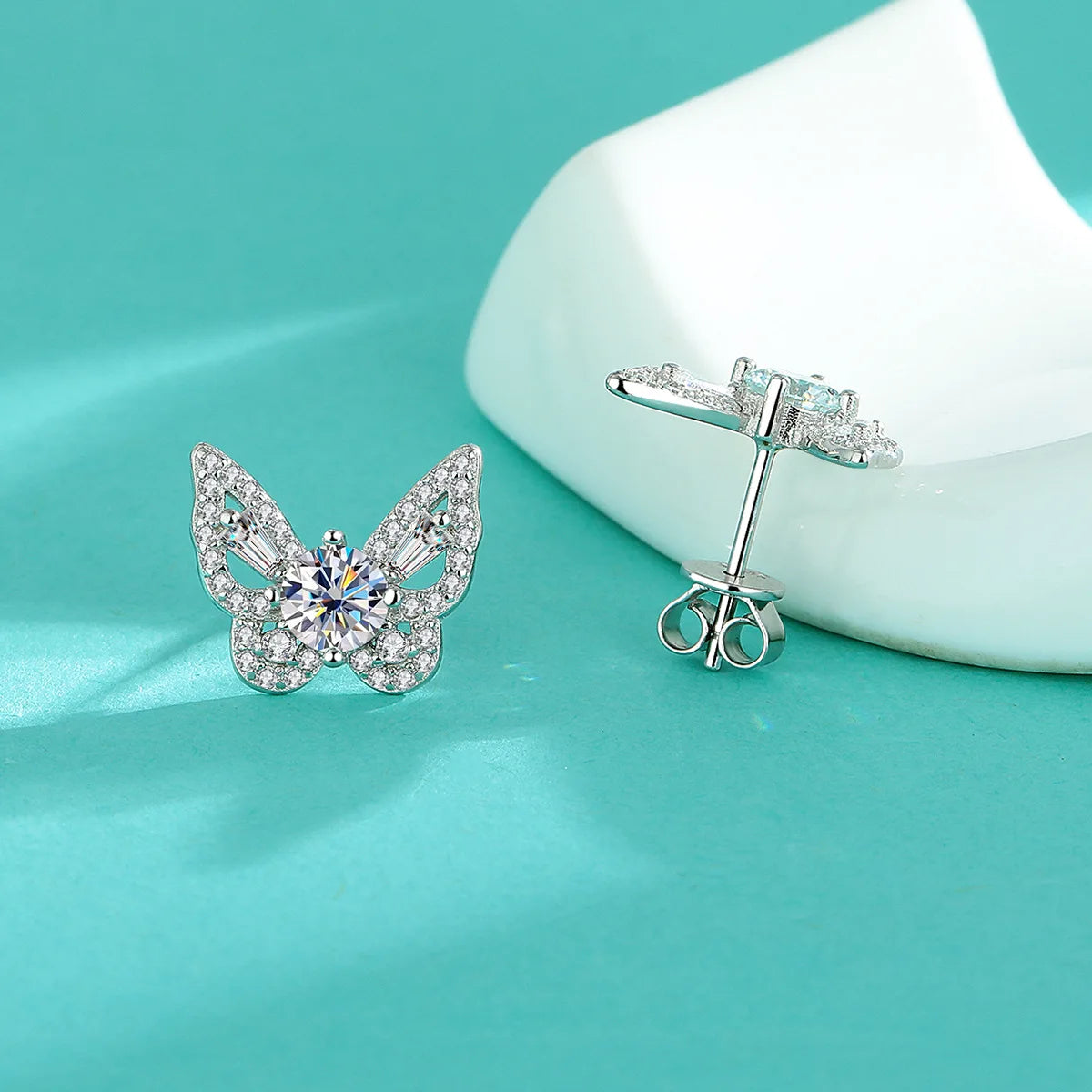 Butterfly Moissanite Stud Earrings in Sterling Silver — Butterfly push backs
