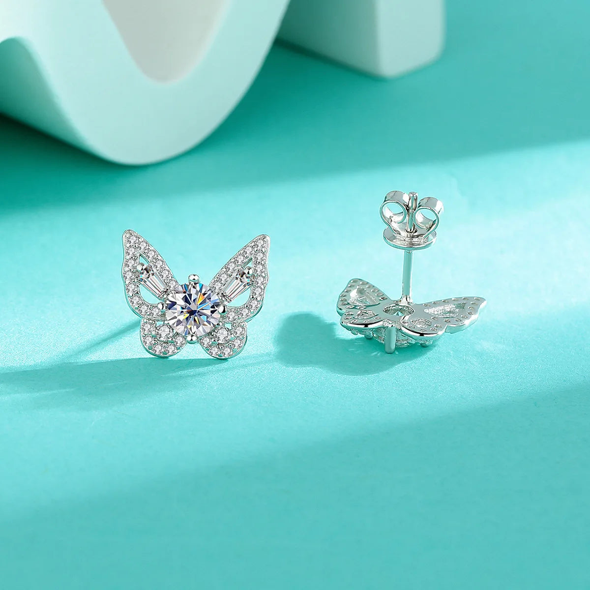 Butterfly Moissanite Stud Earrings in Sterling Silver — Front and rear views