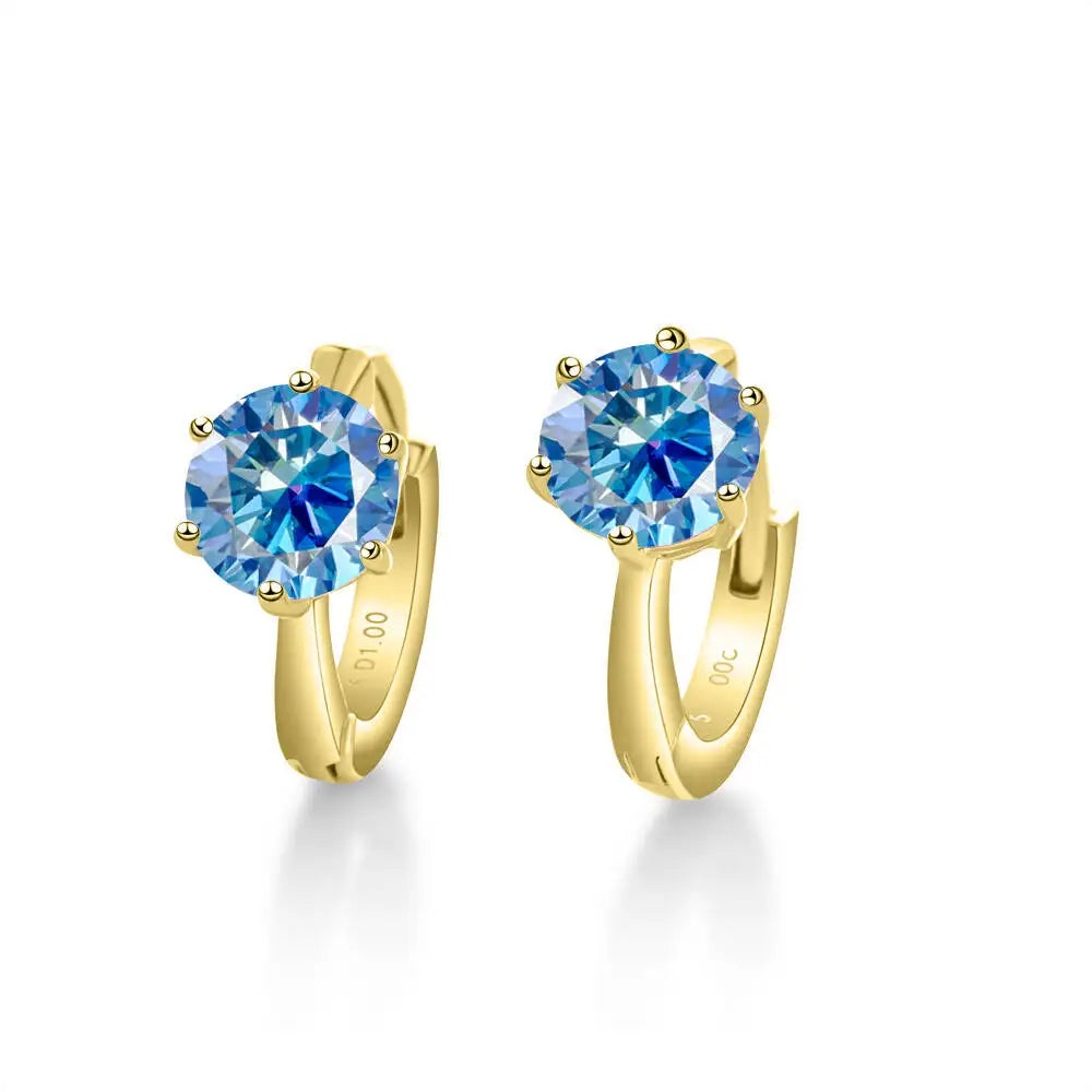 Colorful Solitaire Moissanite Hoop Earrings in Sterling Silver — Gold-Tone / Royal Blue